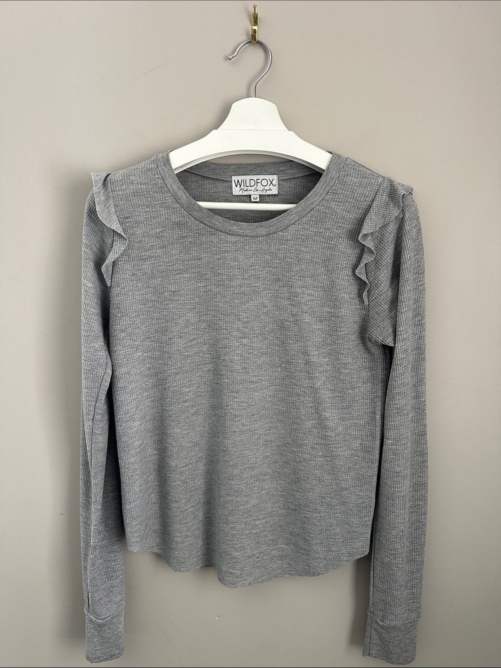 Wildfox Gray Ruffle-Shoulder Ribbed Long Sleeve Top - Picture 4 of 15